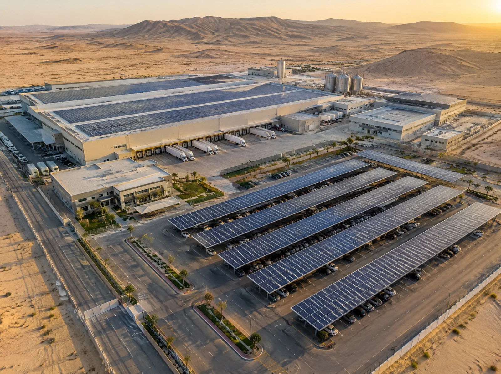Aerial view of a food production facility in the desert, solar panels across its roofs and car park canopies