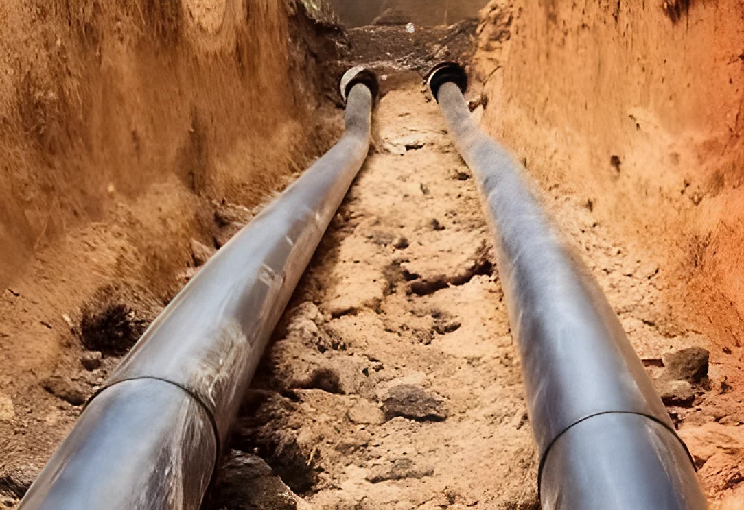 Twin ductile iron water mains laid in an open trench, Khobar