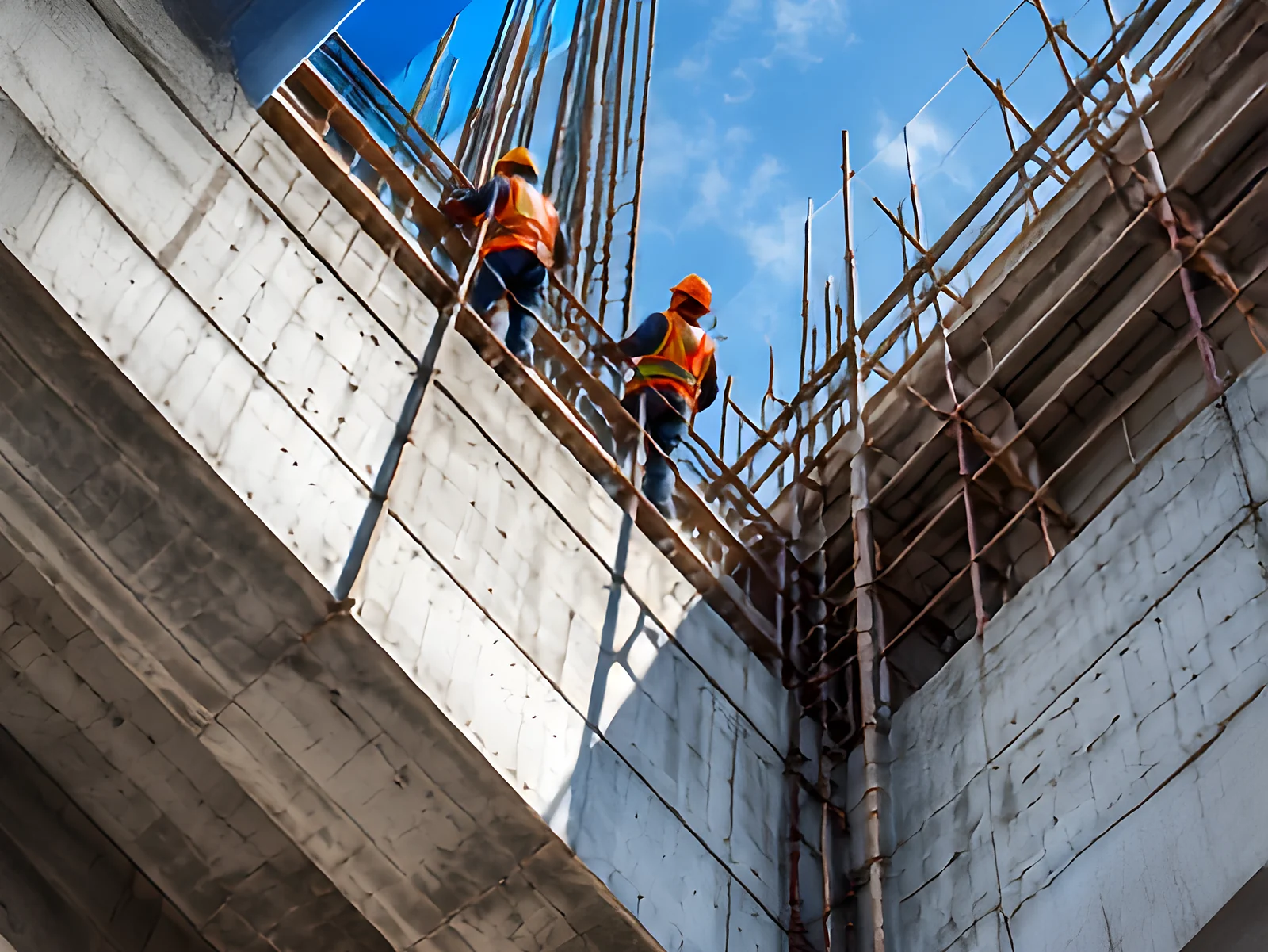 Crew on a concrete structure rising behind scaffolding