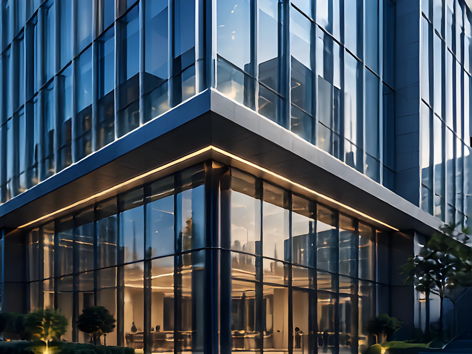 Glazed corner of a commercial building at dusk