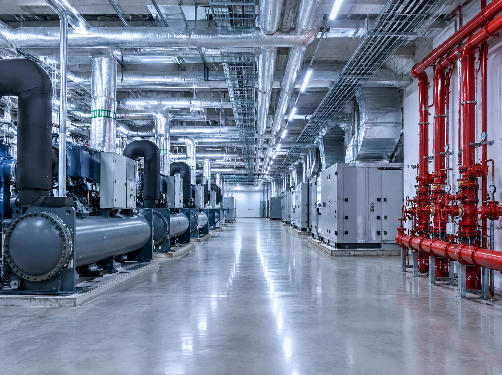 Chillers, insulated pipework and red firefighting mains in a plant room