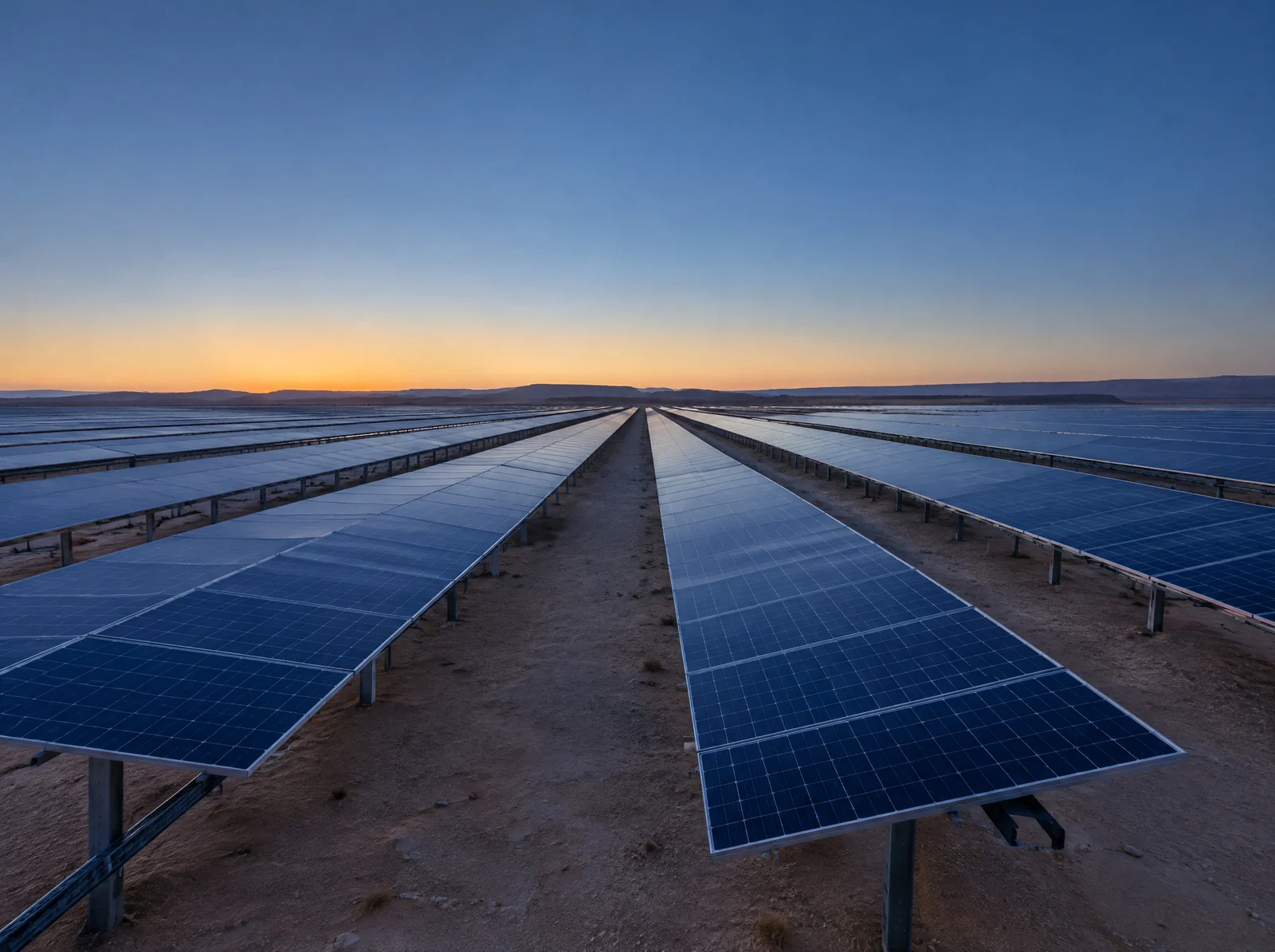 Rows of solar panels across the desert at dusk