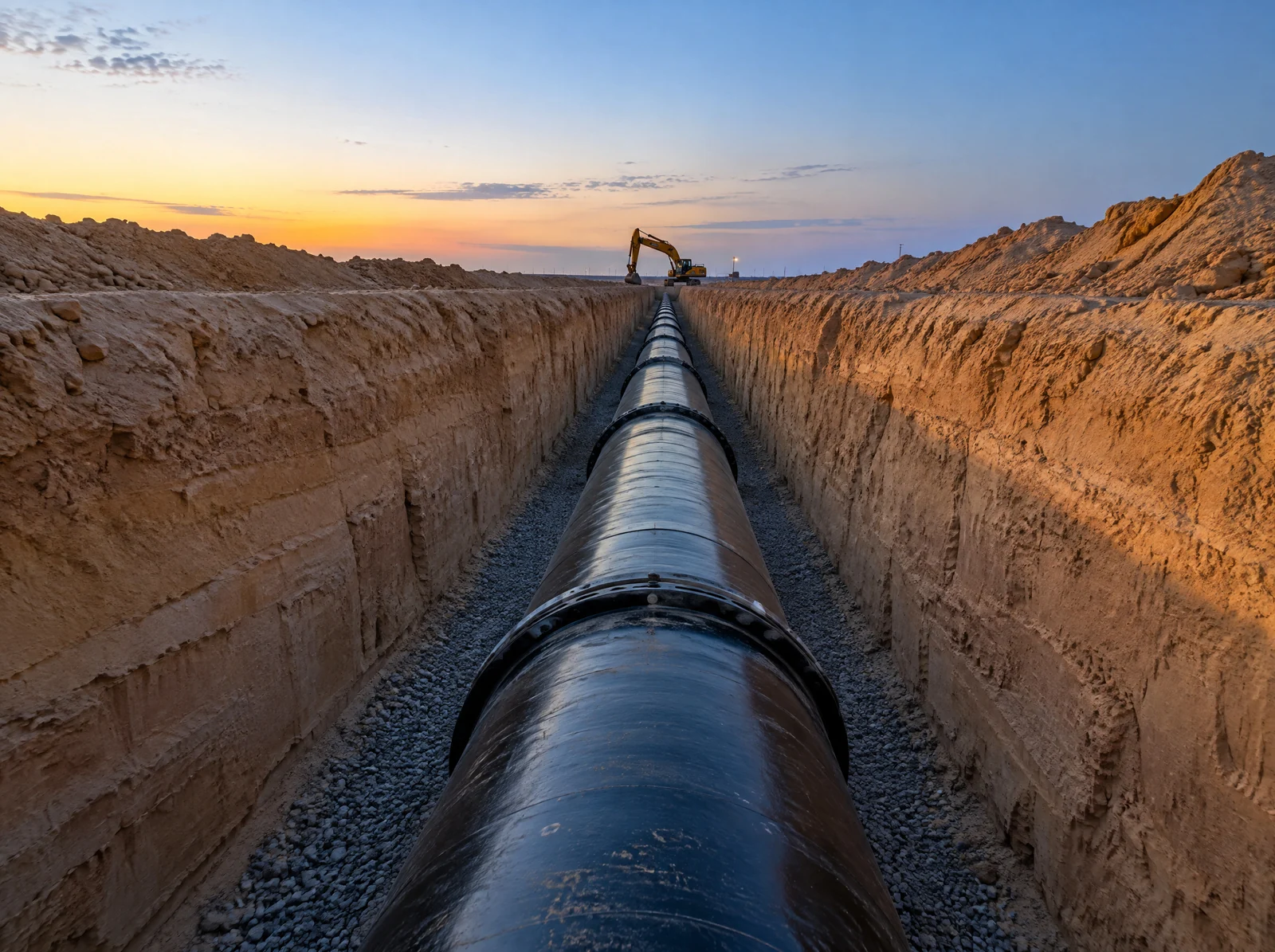 A large water main laid on gravel bedding in a long trench at dusk